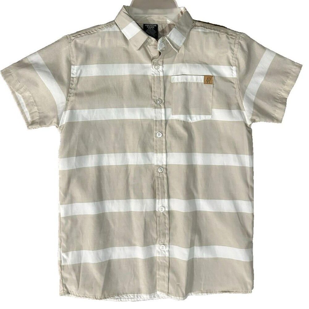 American Hawk Beige White Striped Dress Casual Button Up Shirt Boys Size 12